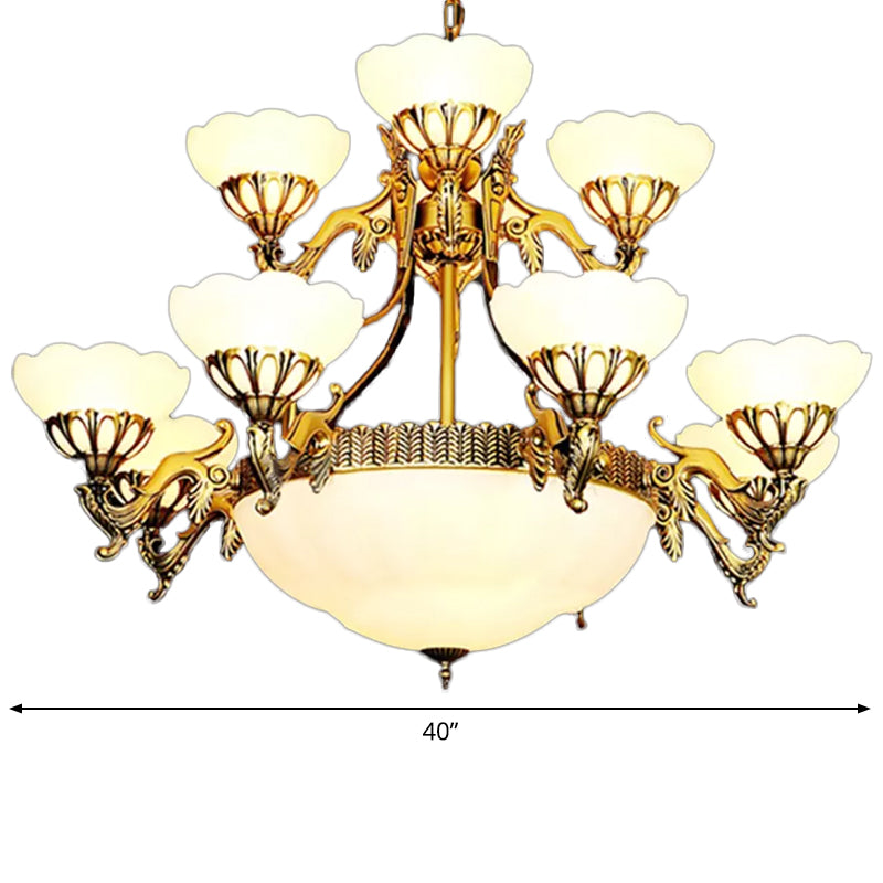 15 Bulbs 2-Tiered Scalloped Chandelier Brass Cream Glass Lamp - Rebooters