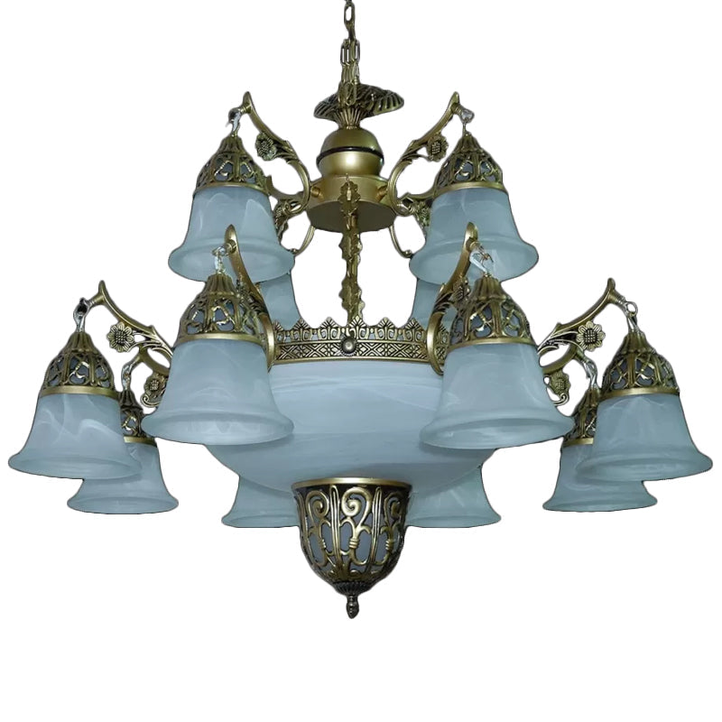 2-Tier Bell Yellow Glass Down Chandelier Farmhouse Pendant - Rebooters