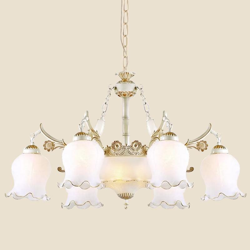 9 Heads Ivory Glass Pendant Lamp Traditional White Bronze Chandelier - Rebooters