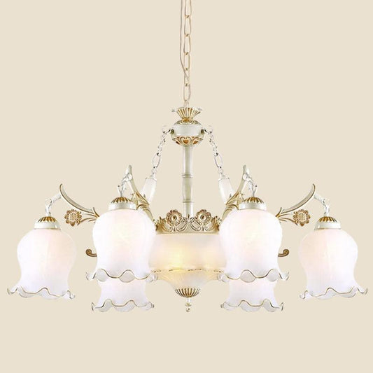 9 Heads Ivory Glass Pendant Lamp Traditional White Bronze Chandelier - Rebooters