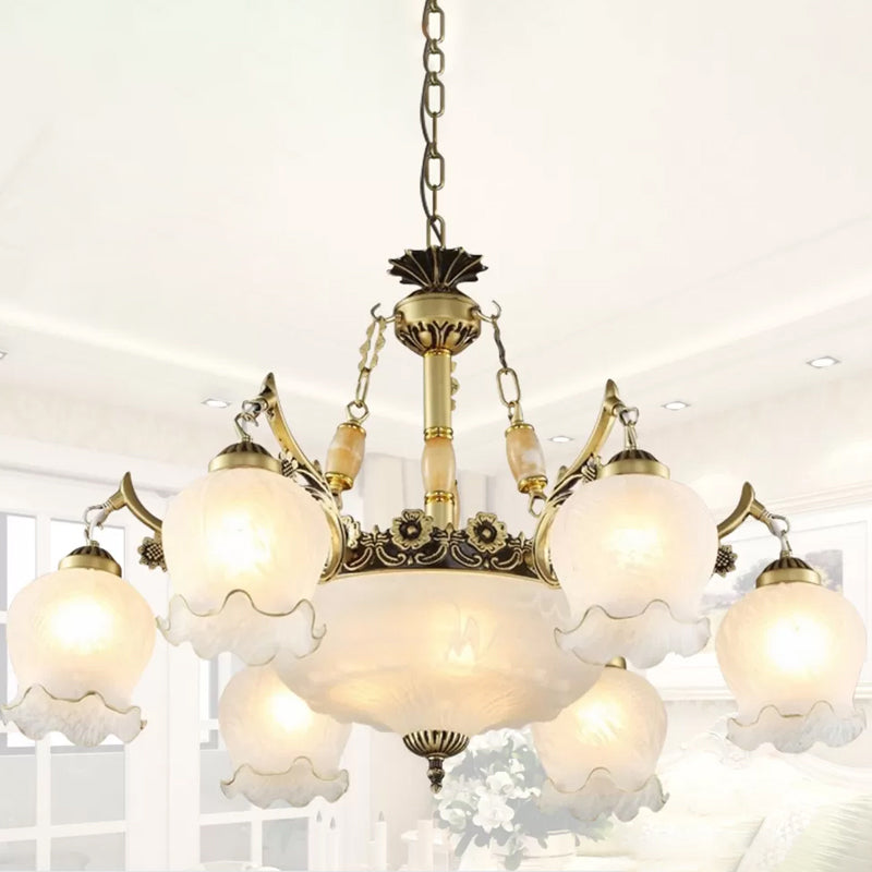 9 Heads Ivory Glass Pendant Lamp Traditional White Bronze Chandelier - Rebooters