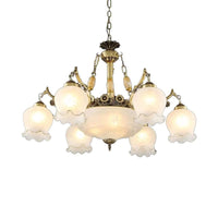 9 Heads Ivory Glass Pendant Lamp Traditional White Bronze Chandelier - Rebooters