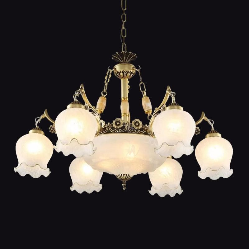9 Heads Ivory Glass Pendant Lamp Traditional White Bronze Chandelier - Rebooters