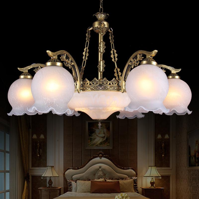 9 Lights Half-Bloom Ceiling Chandelier Rustic Brass White Glass - Rebooters