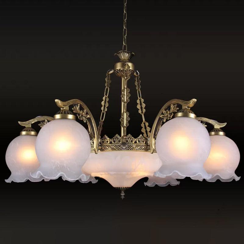 9 Lights Half-Bloom Ceiling Chandelier Rustic Brass White Glass - Rebooters