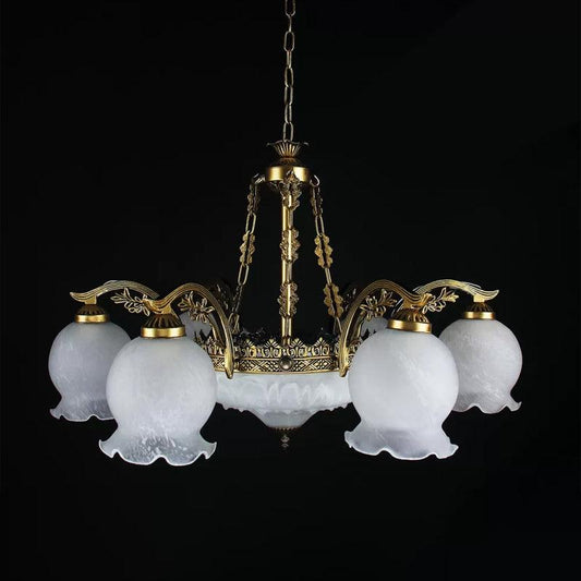 9 Lights Half-Bloom Ceiling Chandelier Rustic Brass White Glass - Rebooters