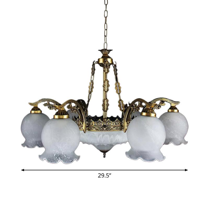 9 Lights Half-Bloom Ceiling Chandelier Rustic Brass White Glass - Rebooters
