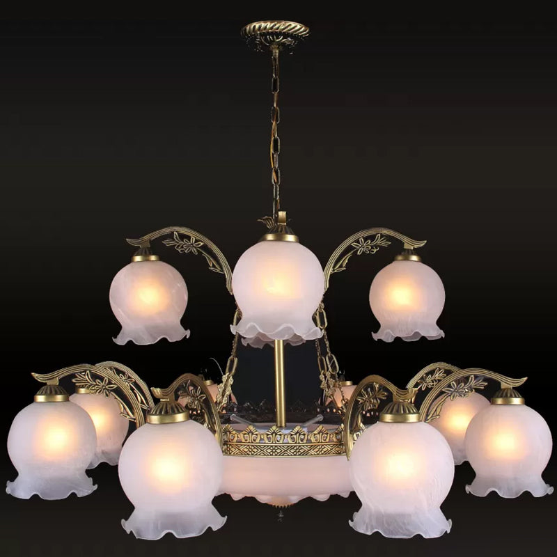 15 Heads Chandelier Lighting Traditional Tiered Flowerbud Opal Frosted Glass Pendant Light in Bronze - Rebooters