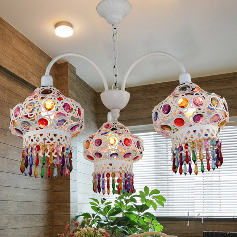 3-Head Beaded Lantern Chandelier Turkish White Red Ceiling Light - Rebooters