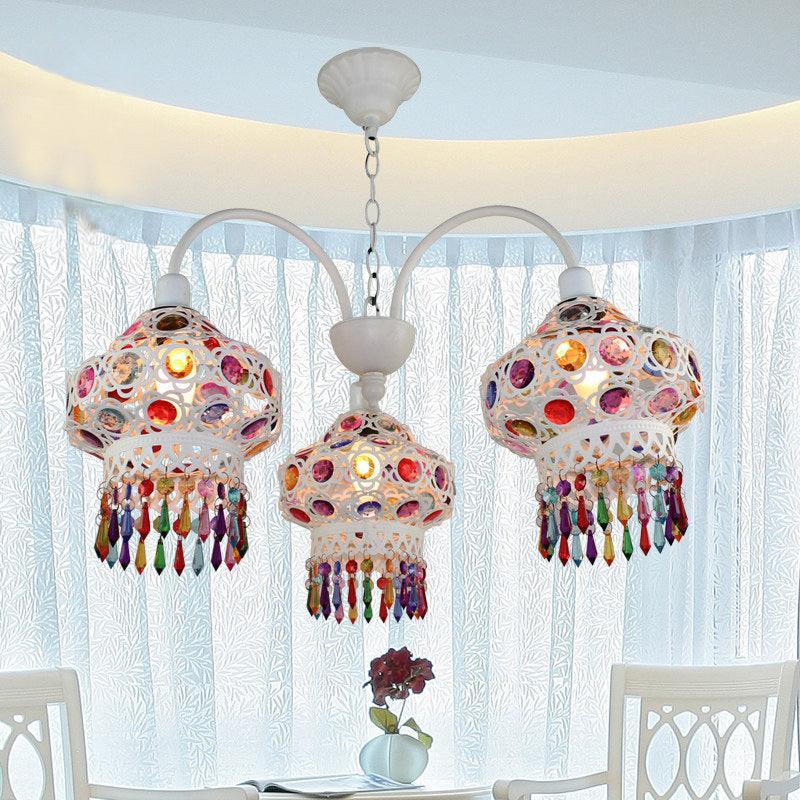 3-Head Beaded Lantern Chandelier Turkish White Red Ceiling Light - Rebooters