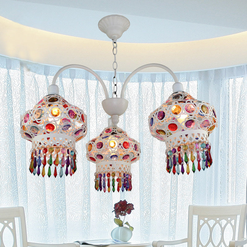 3-Head Beaded Lantern Chandelier Turkish White Red Ceiling Light - Rebooters