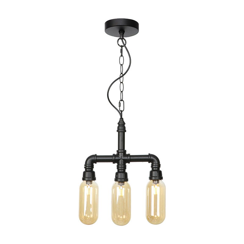 Amber Clear Glass Pipe Chandelier Lighting Industrial 3 Heads LED Ceiling Fixture - Rebooters