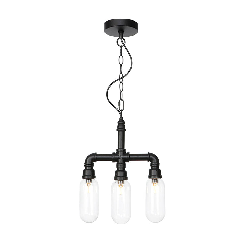 Amber Clear Glass Pipe Chandelier Lighting Industrial 3 Heads LED Ceiling Fixture - Rebooters