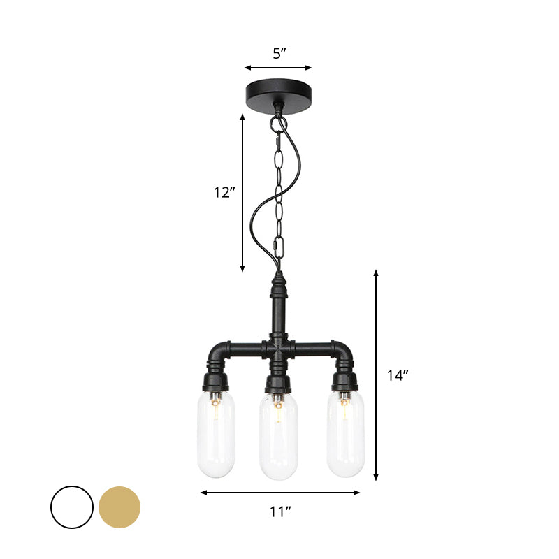 Amber Clear Glass Pipe Chandelier Lighting Industrial 3 Heads LED Ceiling Fixture - Rebooters