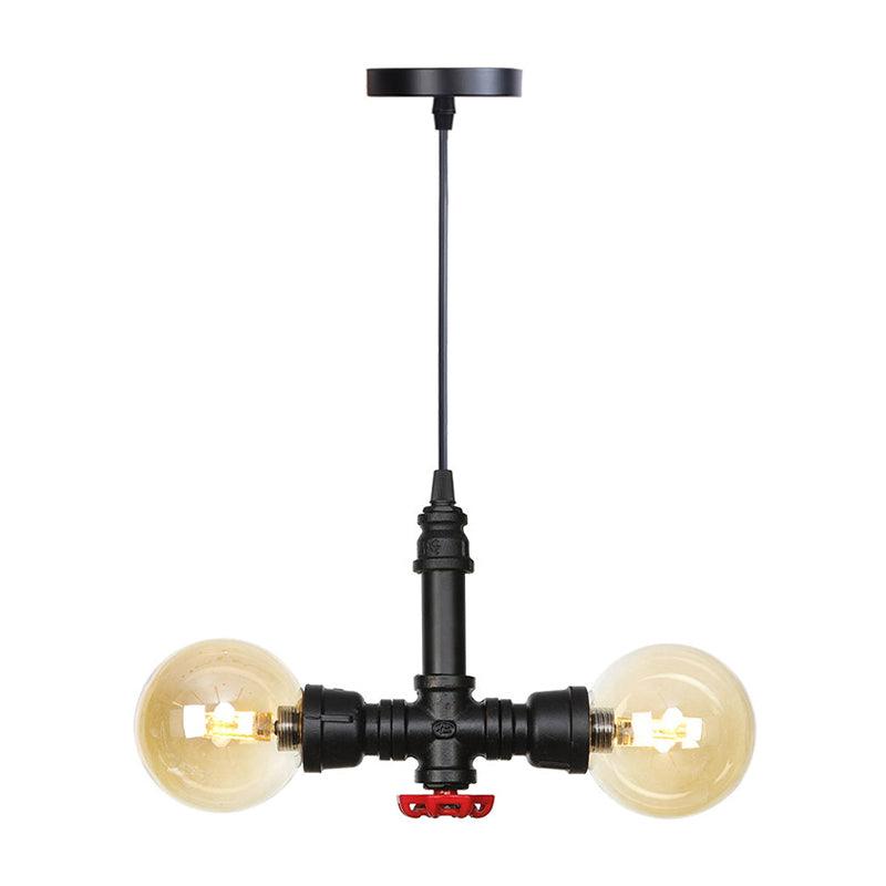 2 Bulbs Chandelier Pendant Lighting Vintage Sphere Amber Clear Glass Hanging Lamp Fixture in Black - Rebooters