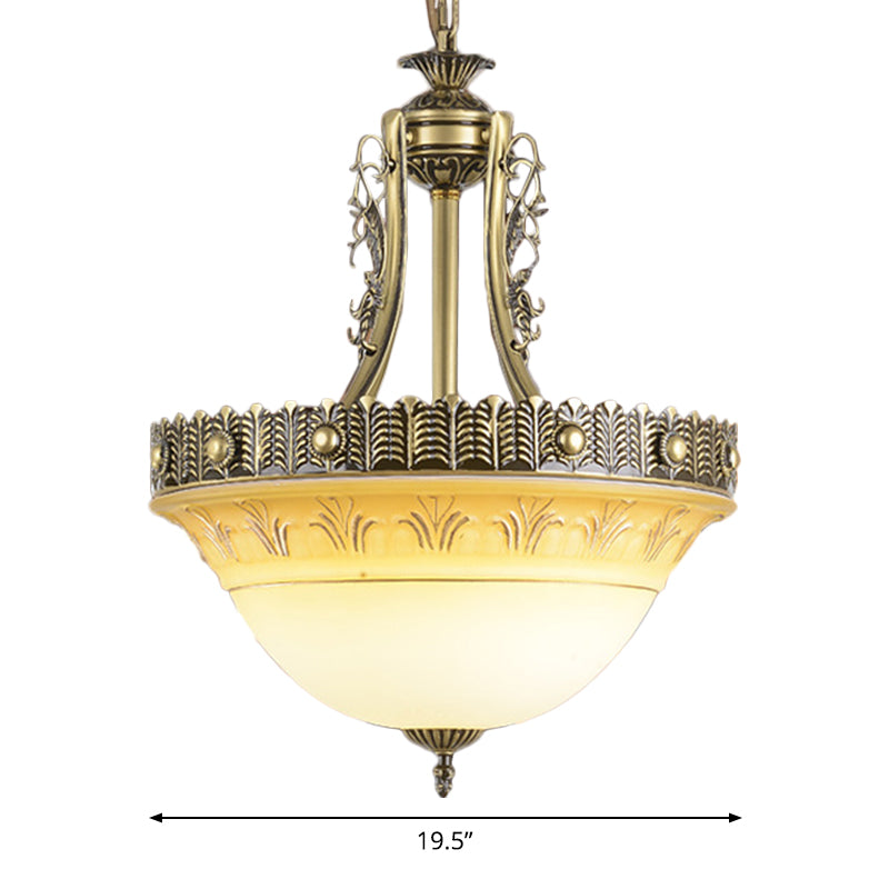 Bowl Terrace Ceiling Chandelier Rustic Beige and White Glass 3-Light Brass Pendant Lamp - Rebooters