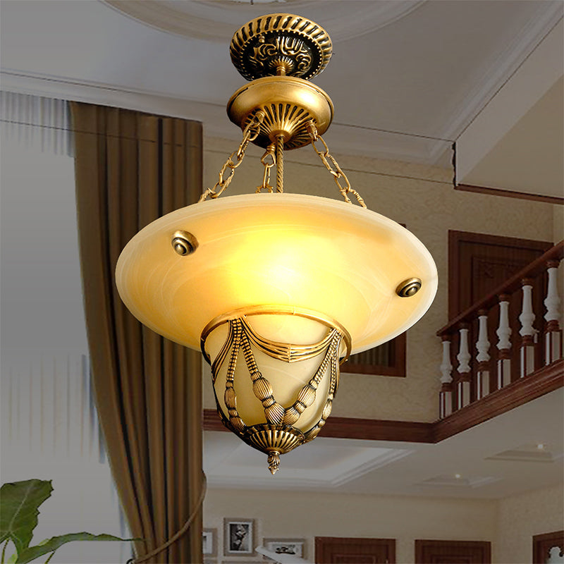 3-Light White Glass Chandelier Traditional Brass Inverted Hat Shaped Living Room Drop Lamp 12 16 19 5 W - Rebooters