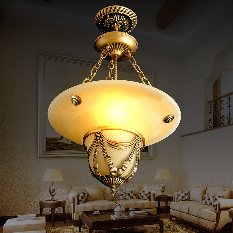 3-Light White Glass Chandelier Traditional Brass Inverted Hat Shaped Living Room Drop Lamp 12 16 19 5 W - Rebooters