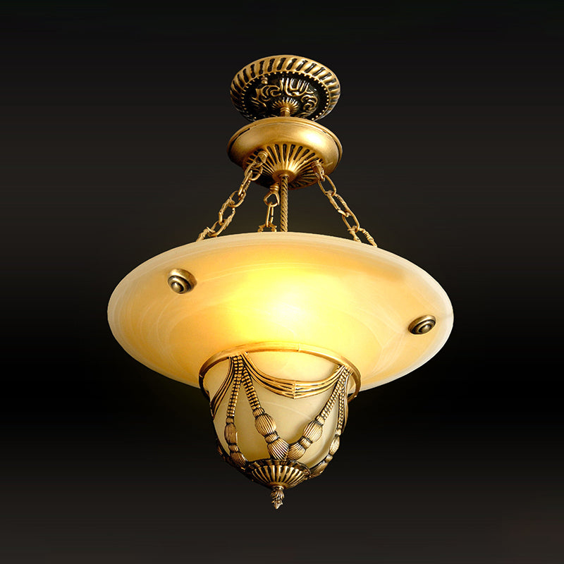 3-Light White Glass Chandelier Traditional Brass Inverted Hat Shaped Living Room Drop Lamp 12 16 19 5 W - Rebooters