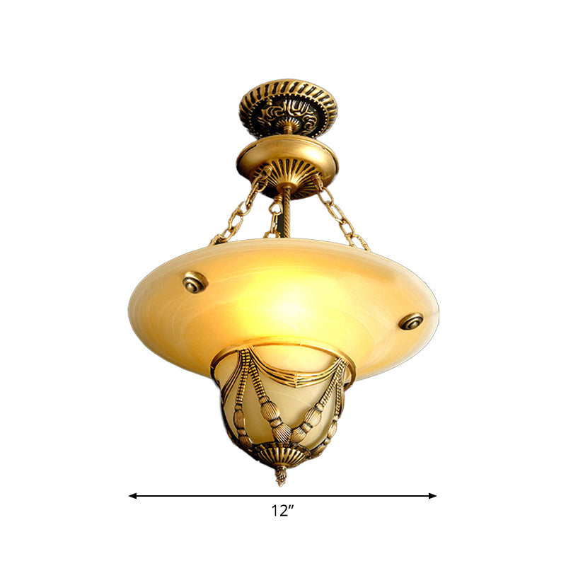 3-Light White Glass Chandelier Traditional Brass Inverted Hat Shaped Living Room Drop Lamp 12 16 19 5 W - Rebooters