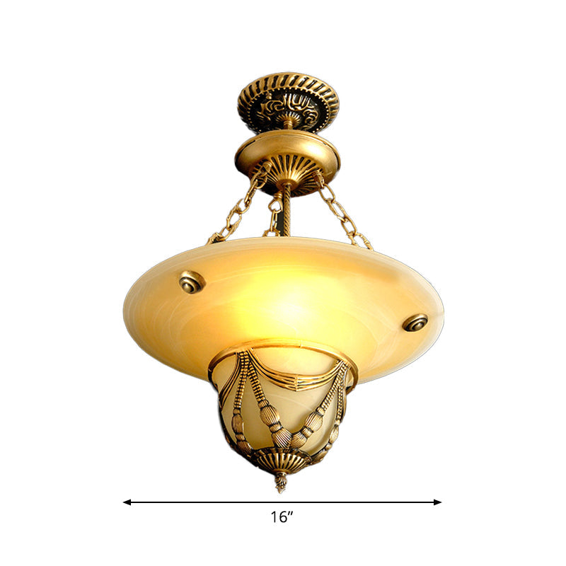 3-Light White Glass Chandelier Traditional Brass Inverted Hat Shaped Living Room Drop Lamp 12 16 19 5 W - Rebooters