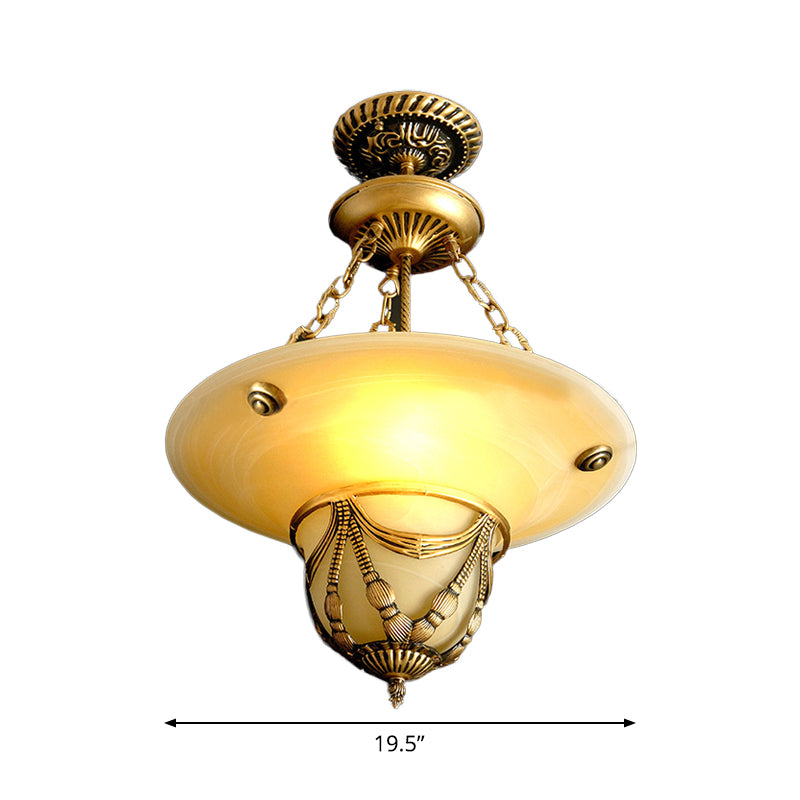 3-Light White Glass Chandelier Traditional Brass Inverted Hat Shaped Living Room Drop Lamp 12 16 19 5 W - Rebooters