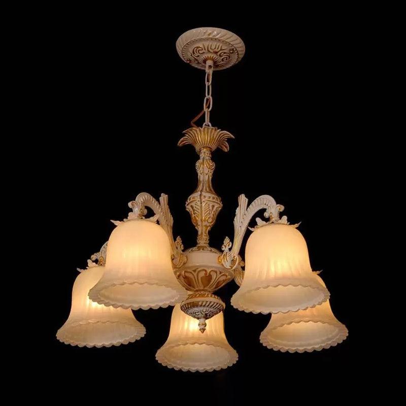 5 Bulbs Ribbed Glass Pendant Light Rustic White Carillon Chandelier - Rebooters