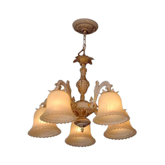 5 Bulbs Ribbed Glass Pendant Light Rustic White Carillon Chandelier - Rebooters