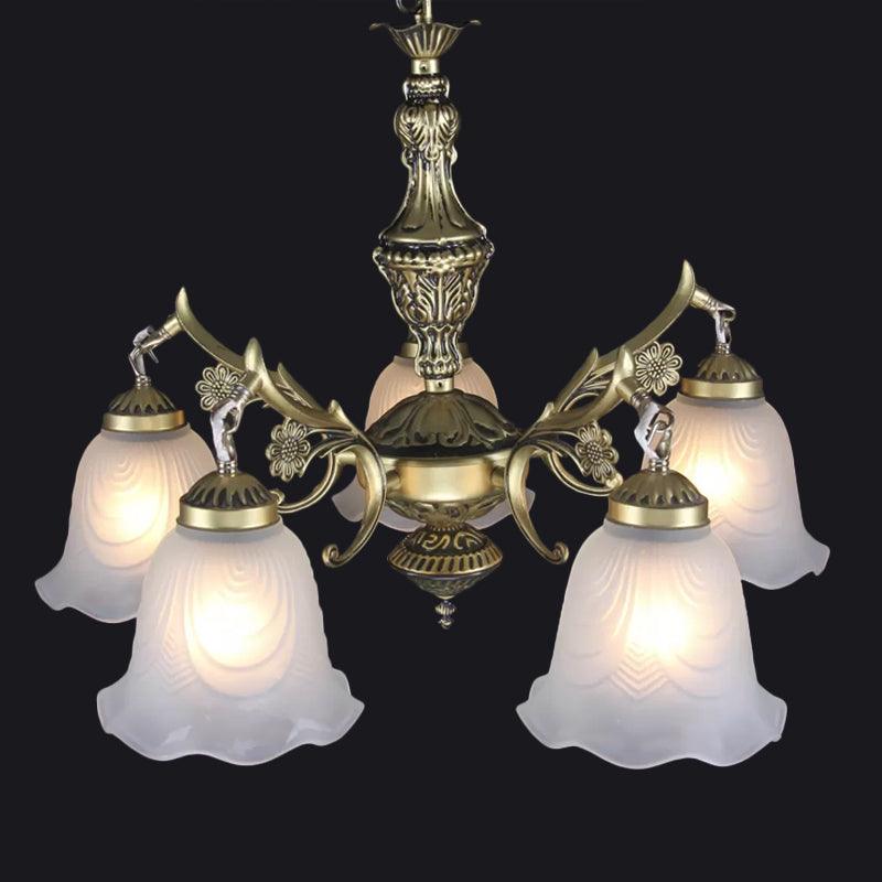 Bronze Floral Down Chandelier Lighting Vintage Frosted Glass - Rebooters