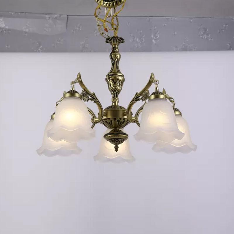 Bronze Floral Down Chandelier Lighting Vintage Frosted Glass - Rebooters