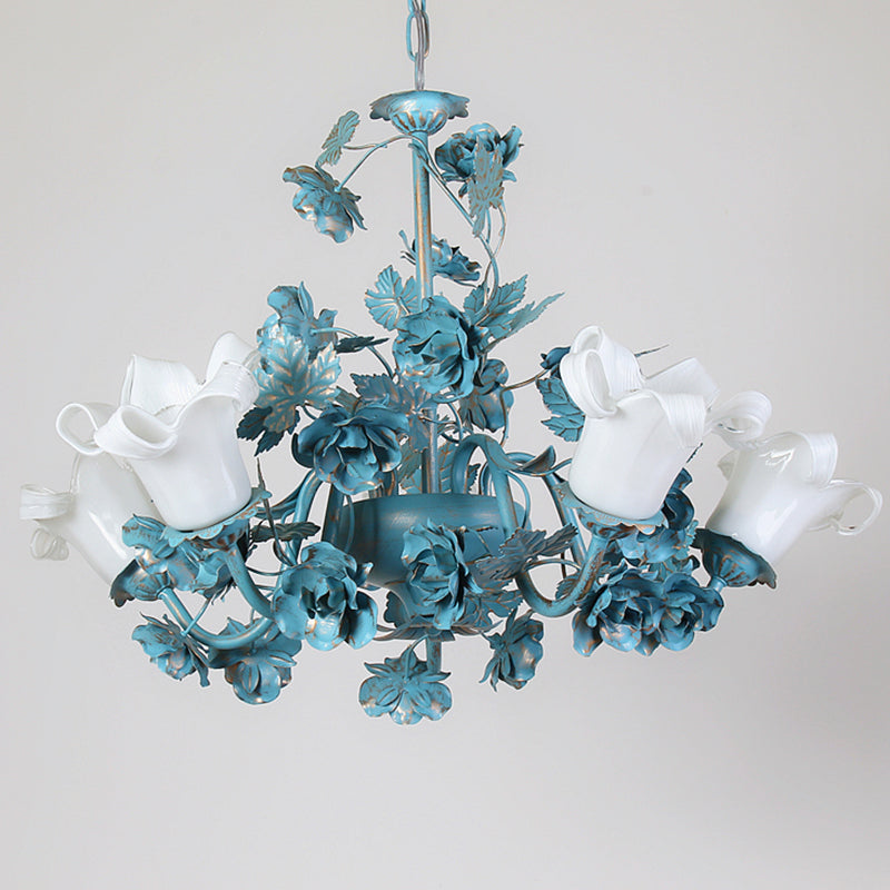 Flower Living Room Chandelier Lamp Korean Garden Milky Frosted Glass Blue Hanging Ceiling Light - Rebooters