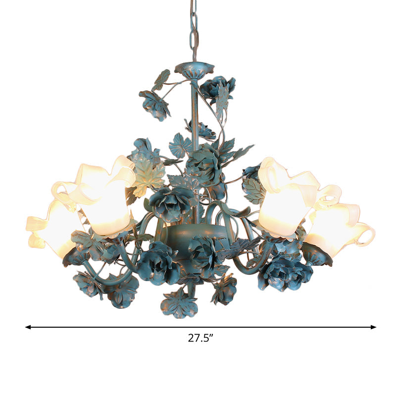 Flower Living Room Chandelier Lamp Korean Garden Milky Frosted Glass Blue Hanging Ceiling Light - Rebooters
