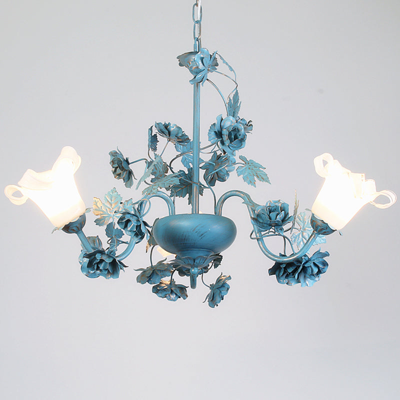 Flower Living Room Chandelier Lamp Korean Garden Milky Frosted Glass Blue Hanging Ceiling Light - Rebooters
