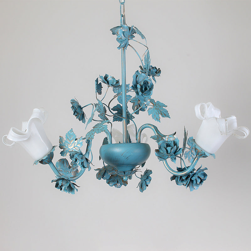 Flower Living Room Chandelier Lamp Korean Garden Milky Frosted Glass Blue Hanging Ceiling Light - Rebooters