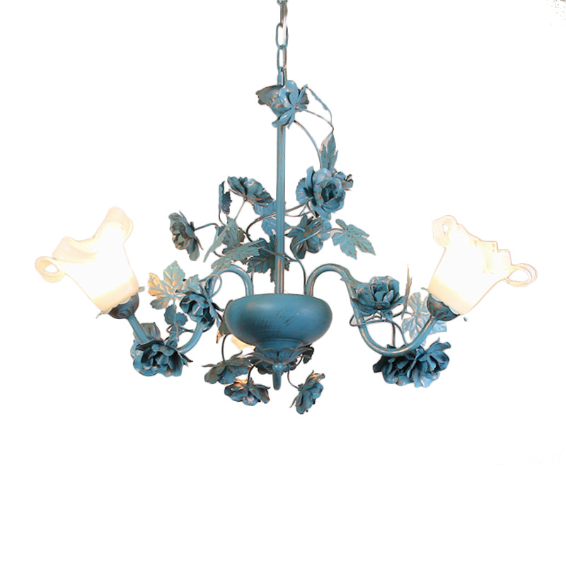 Flower Living Room Chandelier Lamp Korean Garden Milky Frosted Glass Blue Hanging Ceiling Light - Rebooters