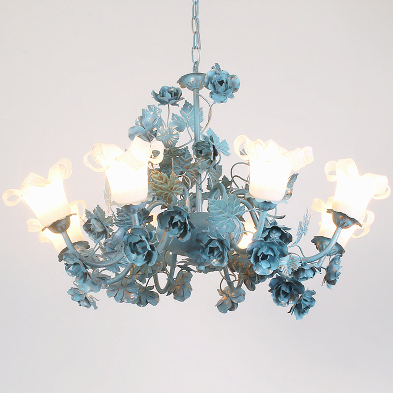Flower Living Room Chandelier Lamp Korean Garden Milky Frosted Glass Blue Hanging Ceiling Light - Rebooters