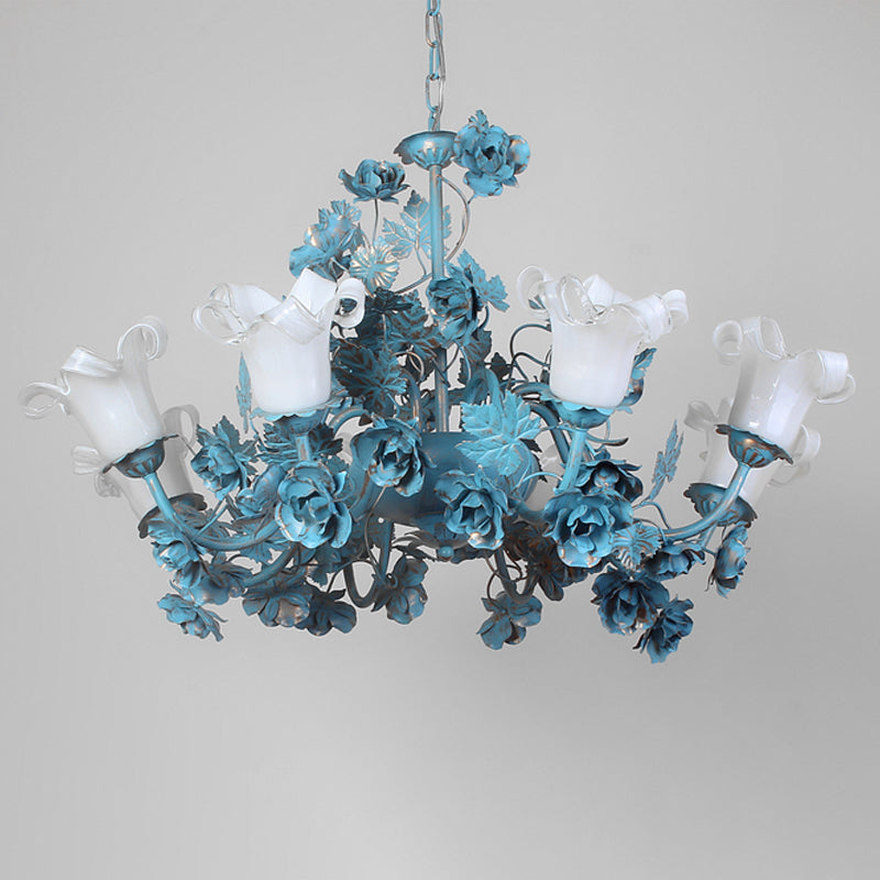 Flower Living Room Chandelier Lamp Korean Garden Milky Frosted Glass Blue Hanging Ceiling Light - Rebooters