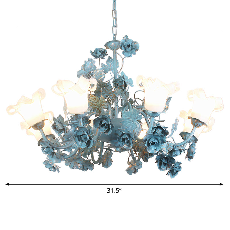 Flower Living Room Chandelier Lamp Korean Garden Milky Frosted Glass Blue Hanging Ceiling Light - Rebooters