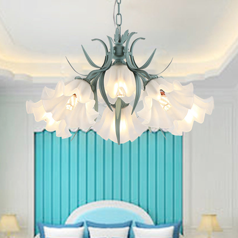 Green Pink 4 6 9 Head Chandelier Lamp Korean Flower Frosted Glass Ruffle Hanging Pendant Light for Dinning Room - Rebooters