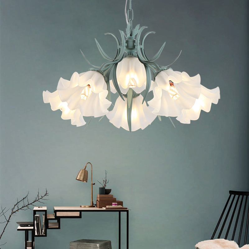 Green Pink 4 6 9 Head Chandelier Lamp Korean Flower Frosted Glass Ruffle Hanging Pendant Light for Dinning Room - Rebooters