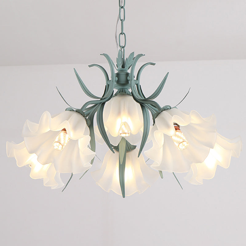 Green Pink 4 6 9 Head Chandelier Lamp Korean Flower Frosted Glass Ruffle Hanging Pendant Light for Dinning Room - Rebooters
