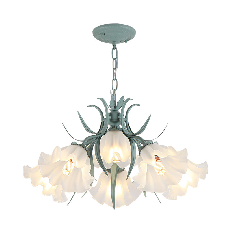 Green Pink 4 6 9 Head Chandelier Lamp Korean Flower Frosted Glass Ruffle Hanging Pendant Light for Dinning Room - Rebooters