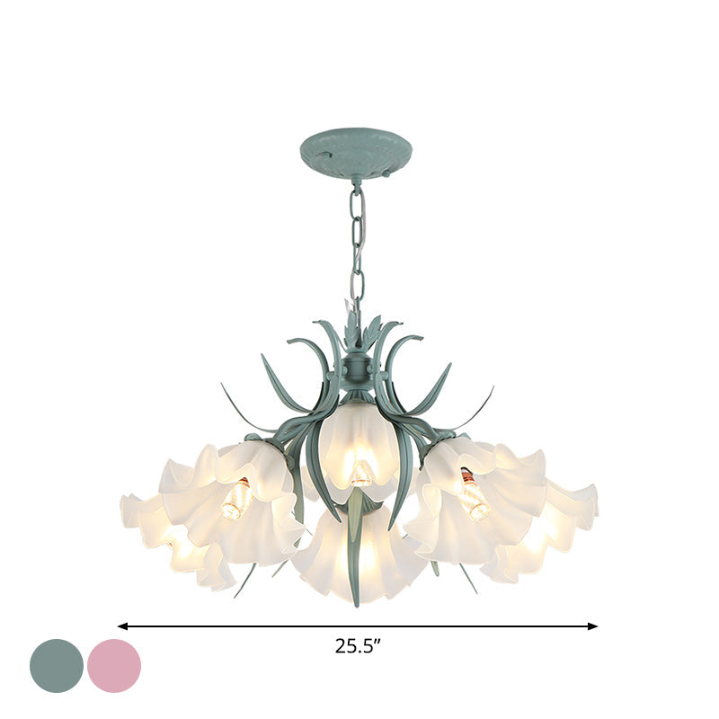 Green Pink 4 6 9 Head Chandelier Lamp Korean Flower Frosted Glass Ruffle Hanging Pendant Light for Dinning Room - Rebooters