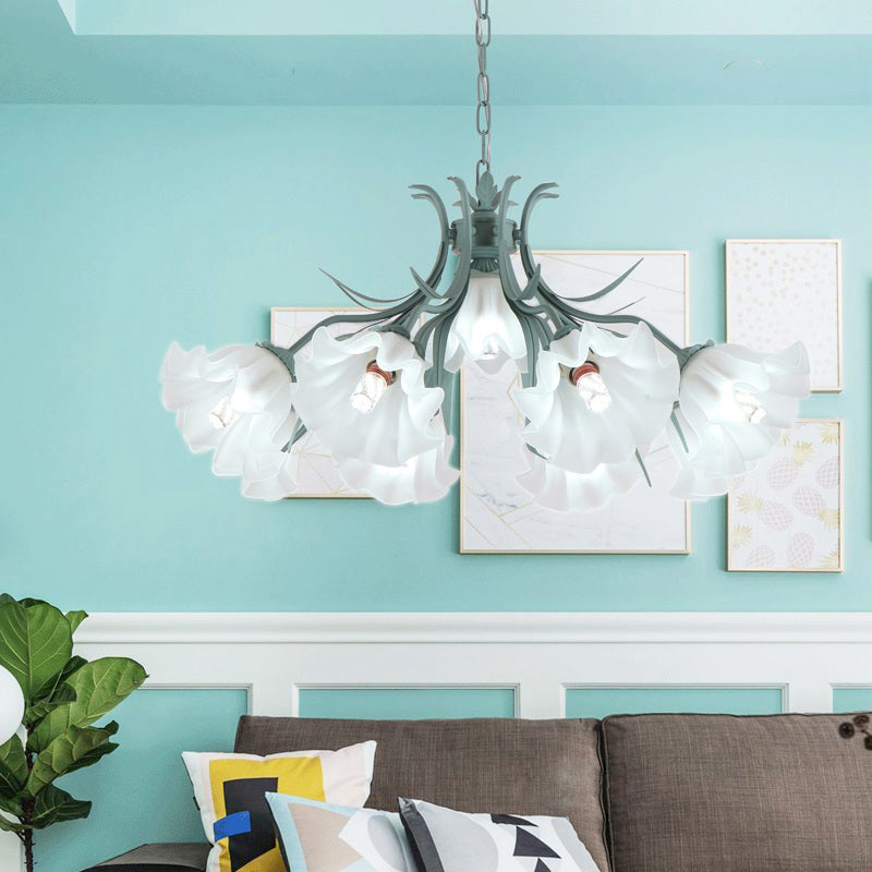 Green Pink 4 6 9 Head Chandelier Lamp Korean Flower Frosted Glass Ruffle Hanging Pendant Light for Dinning Room - Rebooters