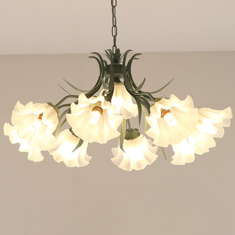 Green Pink 4 6 9 Head Chandelier Lamp Korean Flower Frosted Glass Ruffle Hanging Pendant Light for Dinning Room - Rebooters