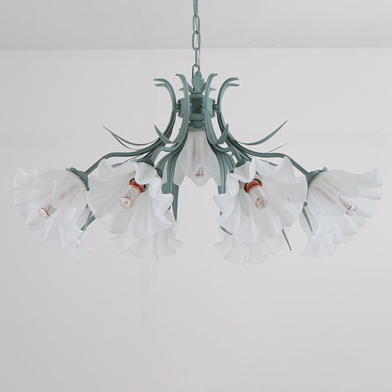 Green Pink 4 6 9 Head Chandelier Lamp Korean Flower Frosted Glass Ruffle Hanging Pendant Light for Dinning Room - Rebooters