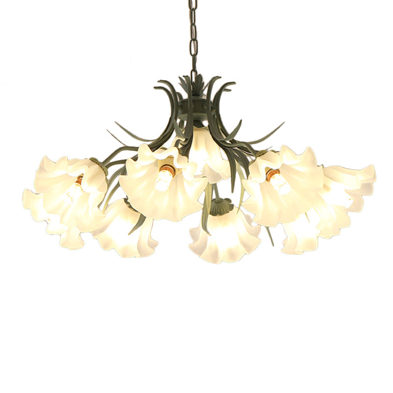 Green Pink 4 6 9 Head Chandelier Lamp Korean Flower Frosted Glass Ruffle Hanging Pendant Light for Dinning Room - Rebooters