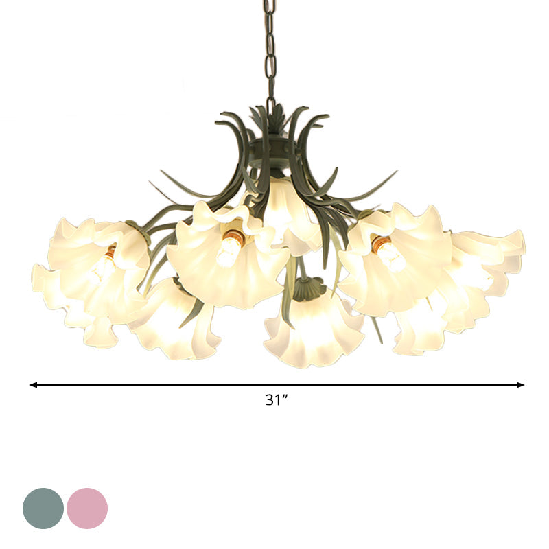 Green Pink 4 6 9 Head Chandelier Lamp Korean Flower Frosted Glass Ruffle Hanging Pendant Light for Dinning Room - Rebooters