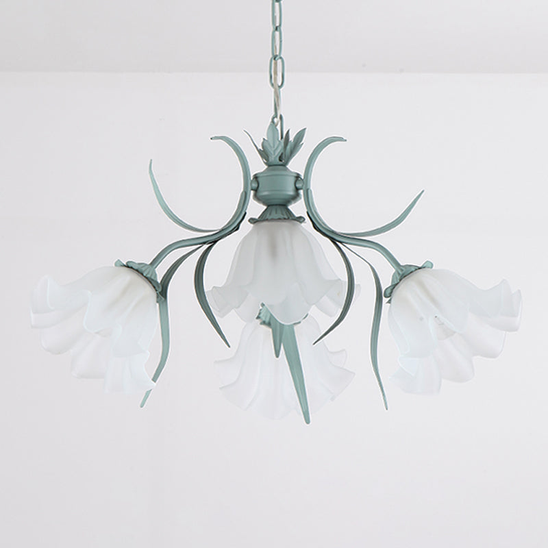 Green Pink 4 6 9 Head Chandelier Lamp Korean Flower Frosted Glass Ruffle Hanging Pendant Light for Dinning Room - Rebooters