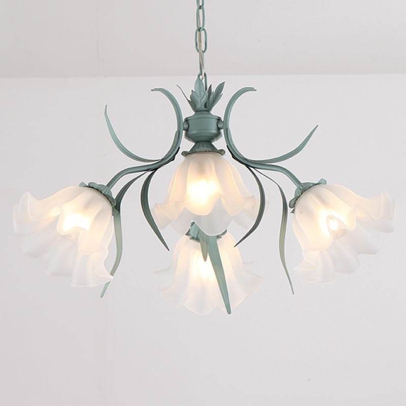 Green Pink 4 6 9 Head Chandelier Lamp Korean Flower Frosted Glass Ruffle Hanging Pendant Light for Dinning Room - Rebooters